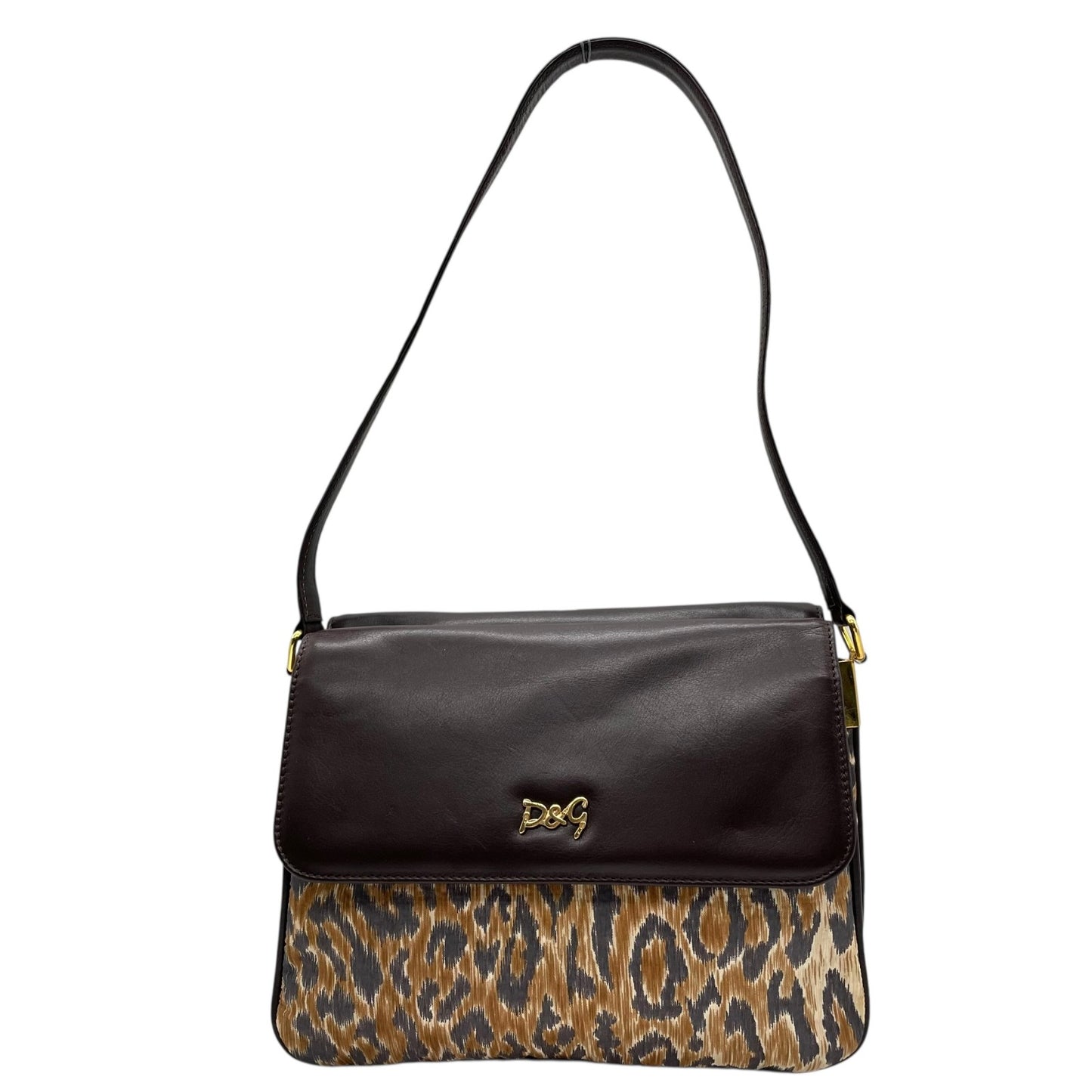 Authentic DOLCE&GABBANA Leopard Print Shoulder Bag Leather Canvas Brown Gold Hardware D&G Logo Flap Women's