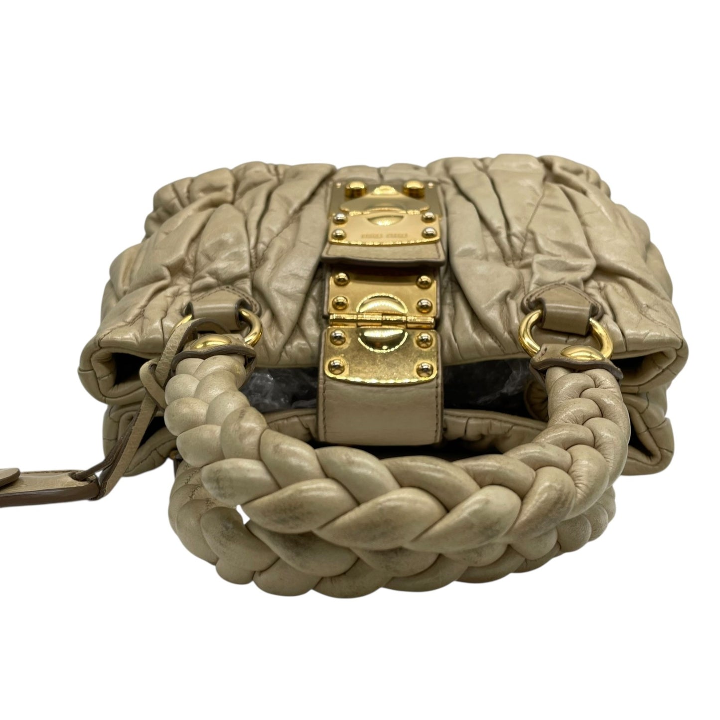 Authentic miumiu Matelassé 2WAY Handbag Shoulder Bag Leather Khaki Beige Gold Hardware Women's Crossbody