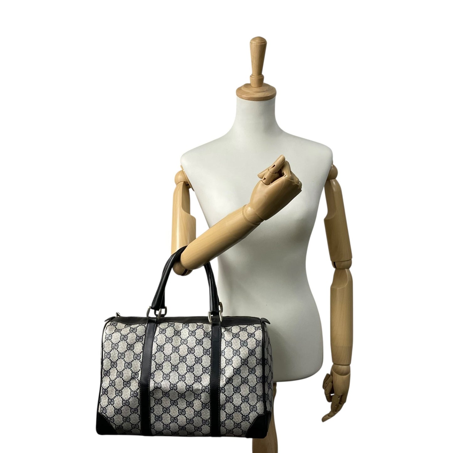 Authentic GUCCI GG Supreme Boston Bag Gray Navy PVC Leather Gold Hardware Vintage Women's Handbag GG Pattern