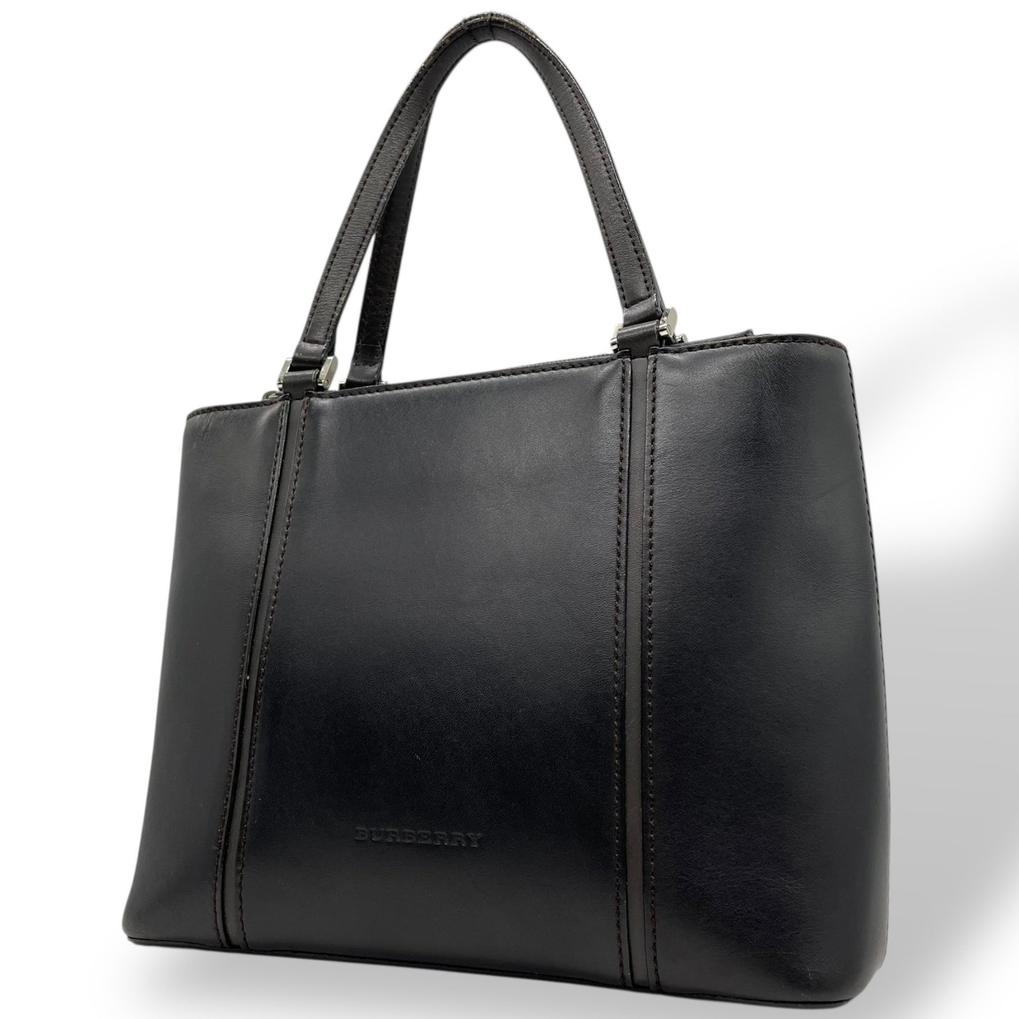 Authentic BURBERRY Handbag Leather Black Silver Hardware Logo Nova Check Women's