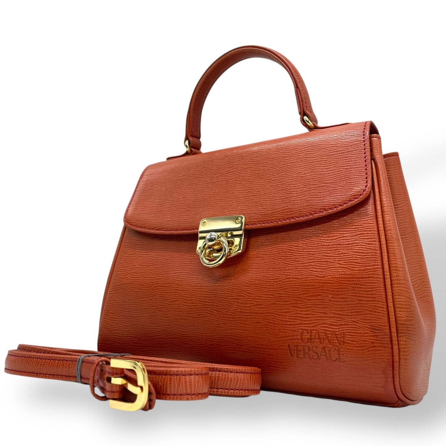 Excellent Authentic Gianni Versace 2WAY Handbag Shoulder Bag Leather Brown Orange Gold Hardware Crossbody Ladies