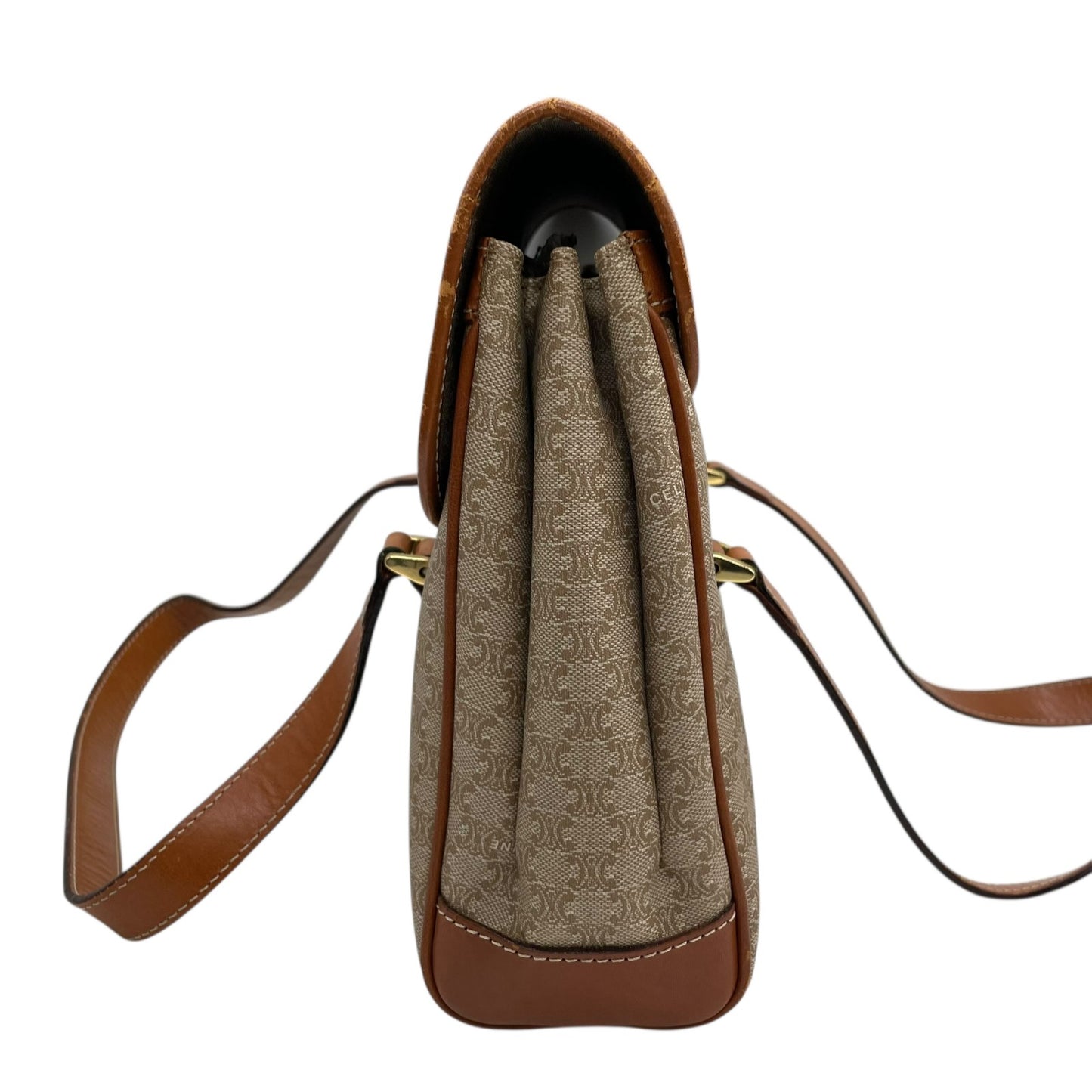 Authentic CELINE Macadam Handbag PVC Leather Vintage Beige Brown M06 Old Celine Gold Hardware Ladies