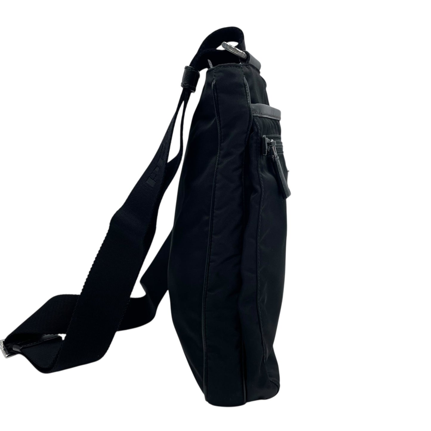 Authentic PRADA Black Shoulder Bag Triangular Logo Plate Nylon Leather Silver Hardware Adjustable Strap Men's Women's