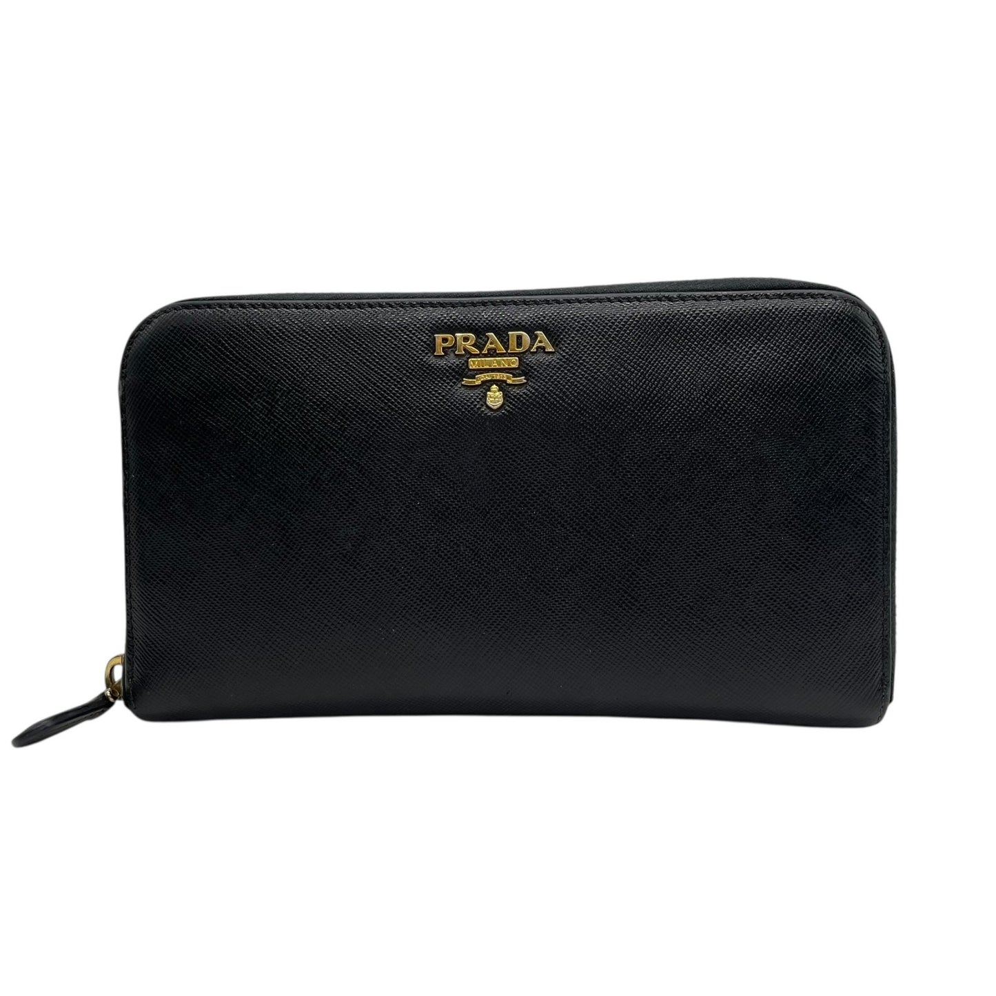 Authentic PRADA Saffiano Leather Long Wallet Black Round Zipper Logo Gold Hardware Women's