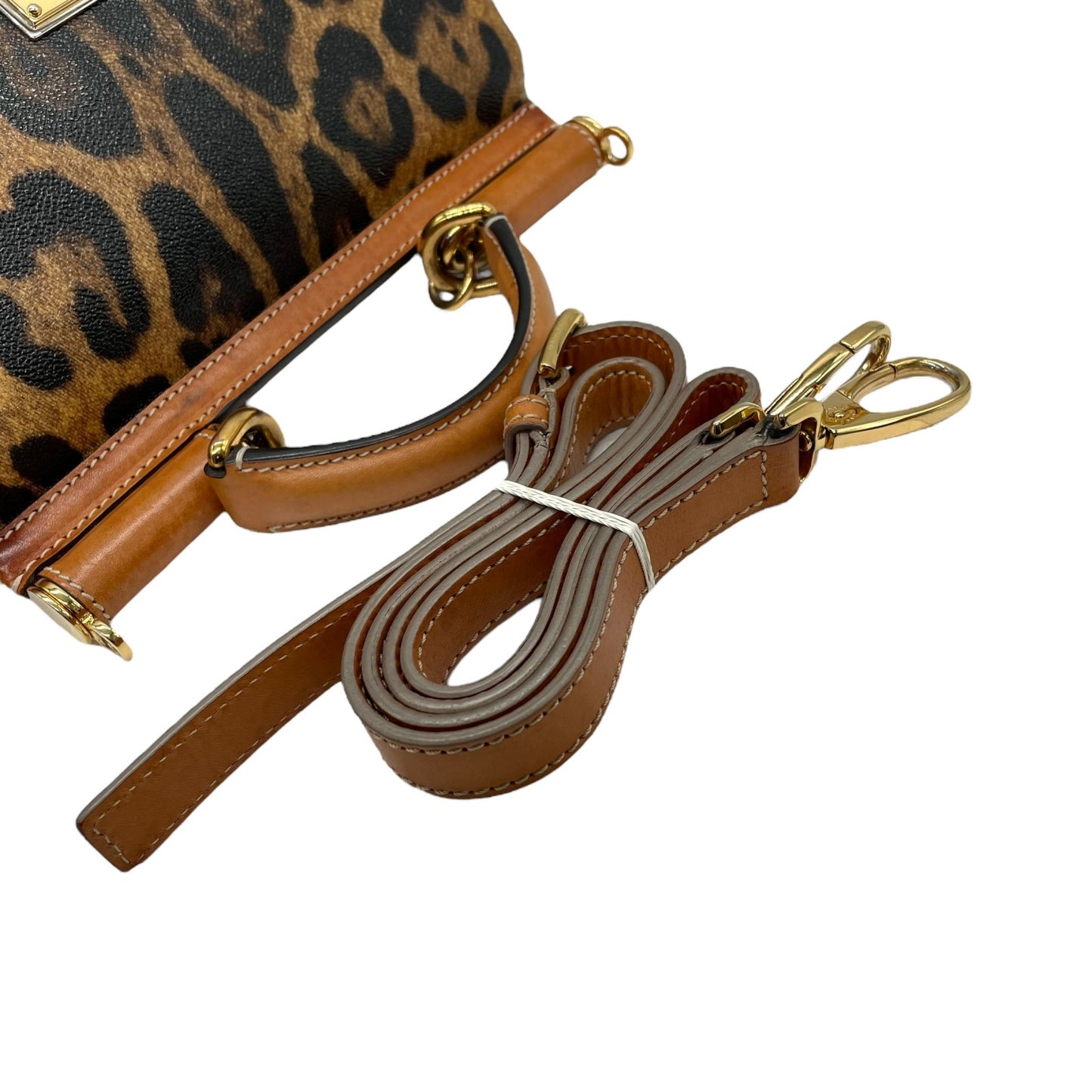 美品 DOLCE&GABBANA ドルチェ＆ガッパーナ シシリー 2WAY ハンドバッグ ショルダーバッグ ドルガバ レオパード ヒョウ柄 レザー PVC ブラウン 茶 ブラック 黒 レディース D&G ロゴプレート フラップ ゴールド金具 斜め掛け可 K4