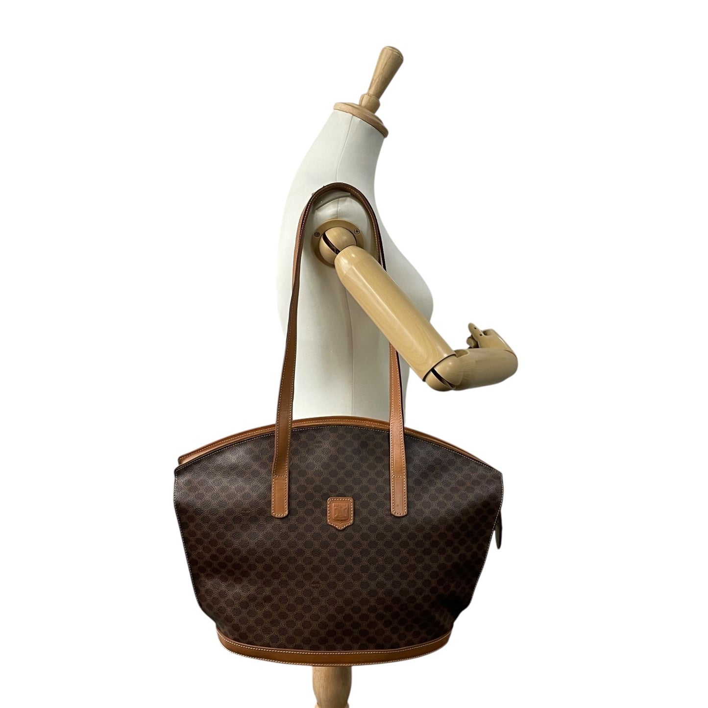 美品 CELINE セリーヌ マカダム ハンドバッグ トートバッグ PVC レザー 茶 ブラウン ゴールド金具 ワンショルダー 肩掛け可 ヴィンテージ オールドセリーヌ レディース B1