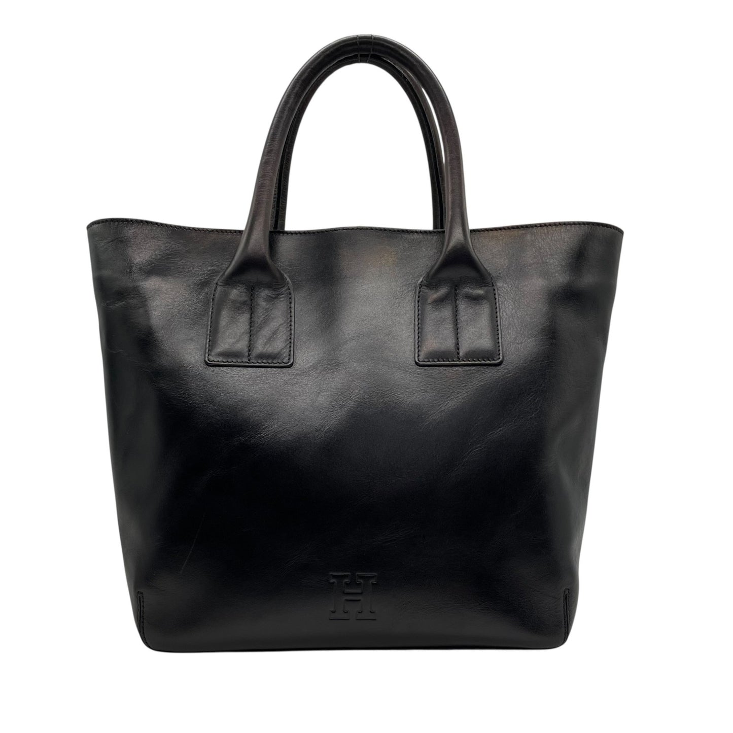美品 HIROFU ヒロフ トートバッグ ハンドバッグ Hロゴ 黒 ブラック レザー シルバー金具 手提げ A4収納可 レディース H