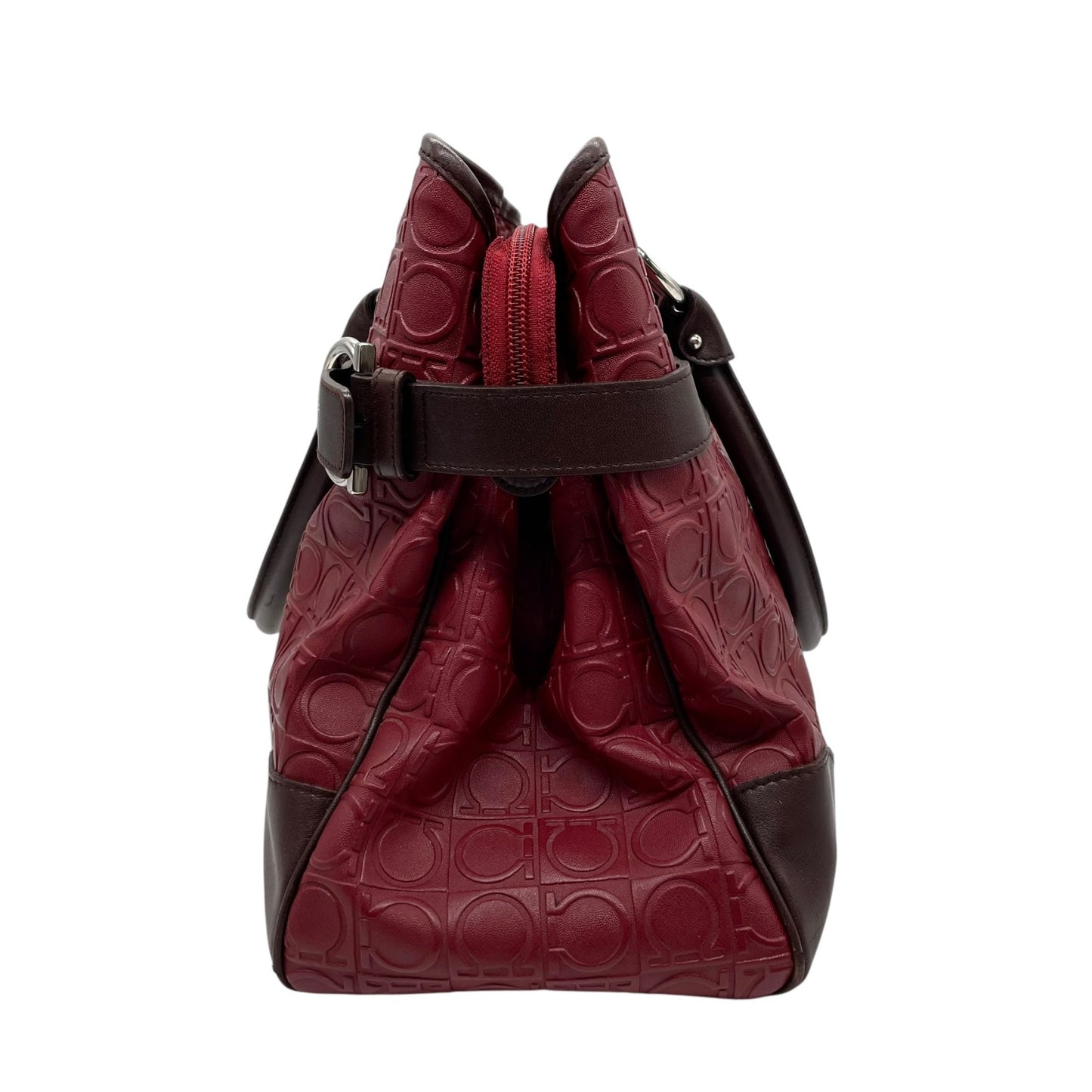 美品 フェラガモ Salvatore Ferragamo ガンチーニ ボルドー レザー ハンドバッグ トートバッグ 総柄 赤 レッド ブラウン シルバー金具 レディース D