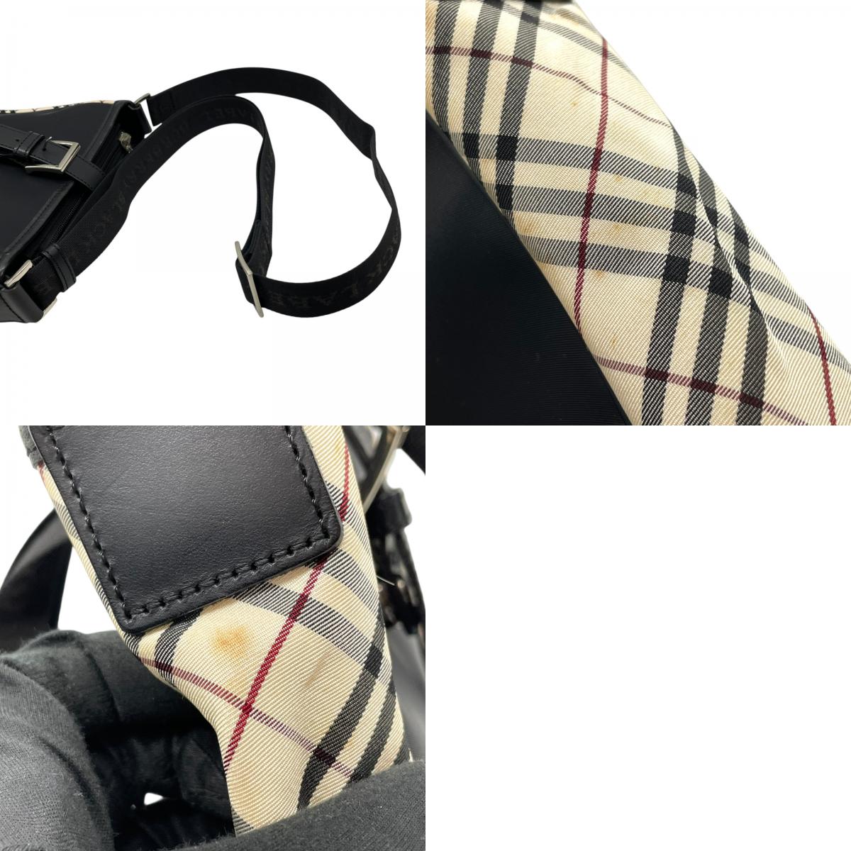 美品 BURBERRY BLACK LABEL バーバリー ショルダーバッグ ナイロン レザー ノバチェック ベージュ 黒 ブラック シルバー金具 斜め掛け メンズ レディース K11
