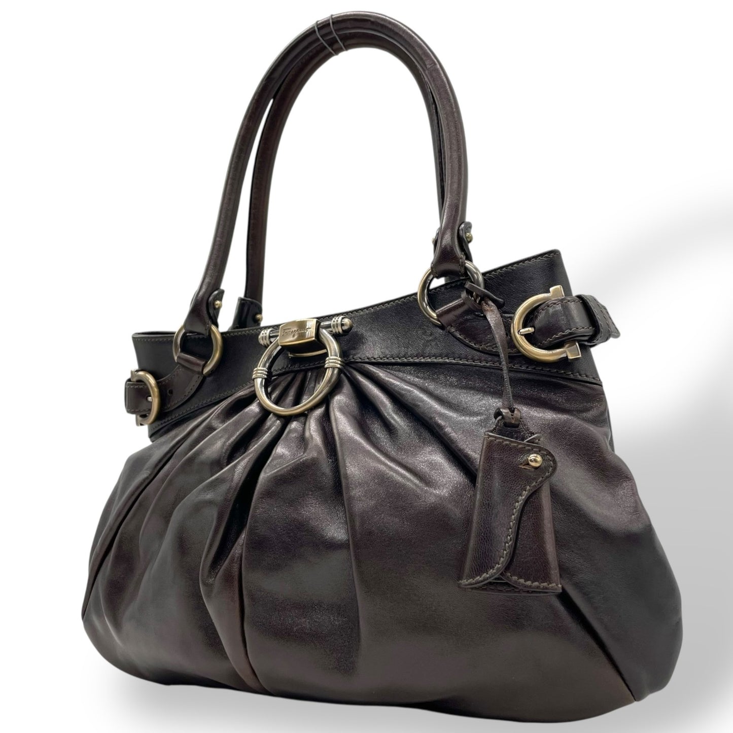 美品 Salvatore Ferragamo フェラガモ ガンチーニ ハンドバッグ レザー 茶 ダークブラウン マリッサ シルバー金具 クロシェット レディース 手提げ K6