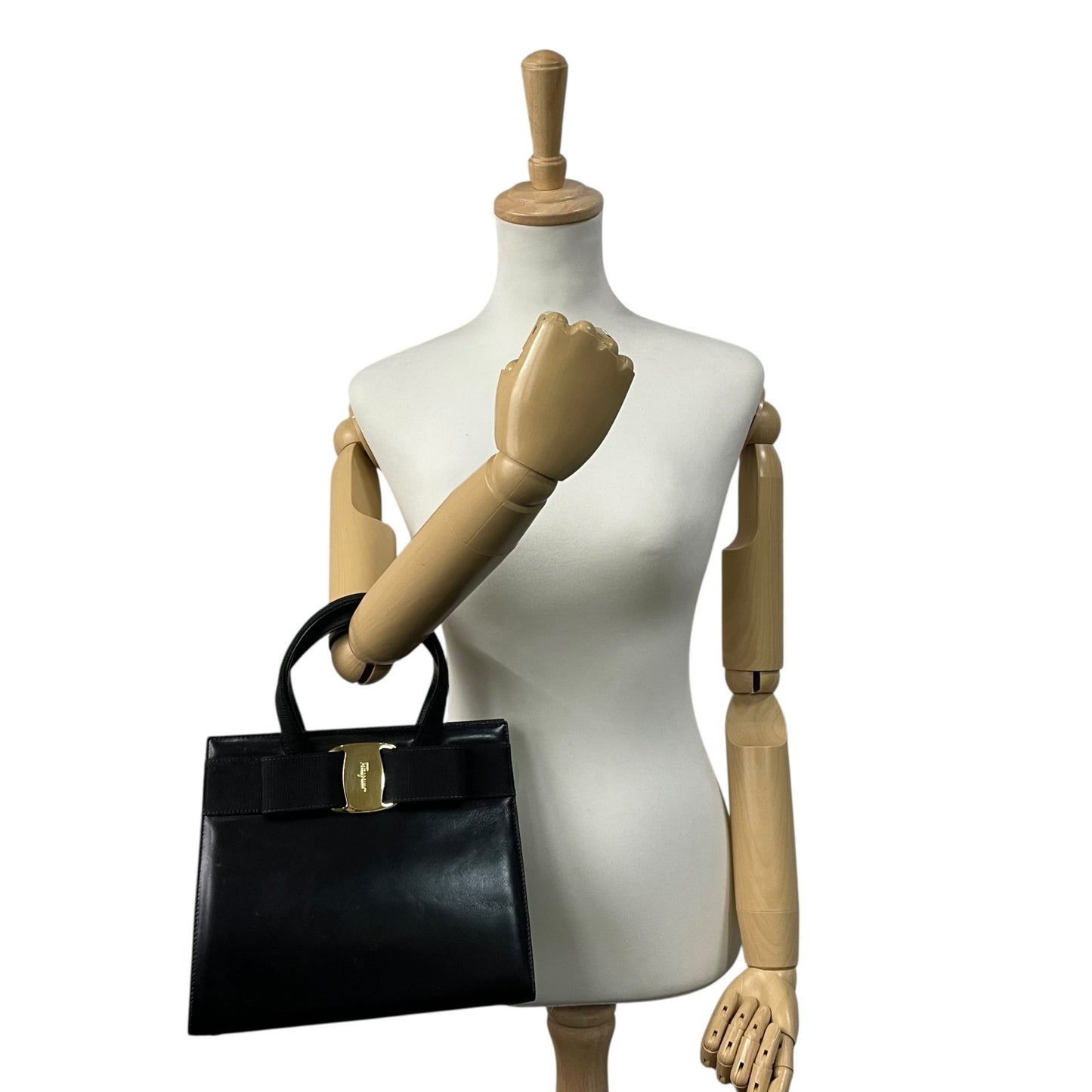 Authentic Salvatore Ferragamo Vara Ribbon Handbag Black Leather Gold Hardware