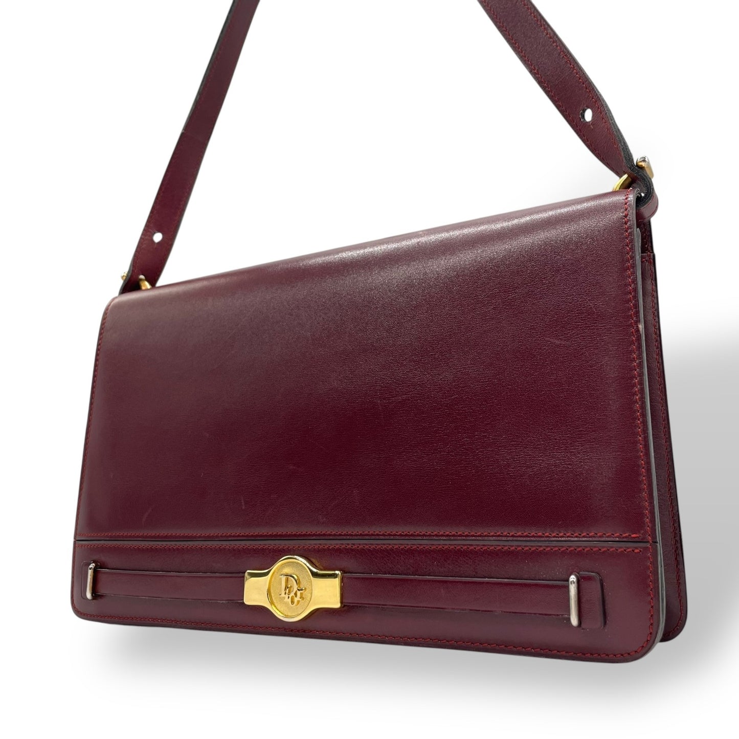 Authentic Christian Dior Shoulder Bag Red Bordeaux Leather Gold Hardware Logo Vintage