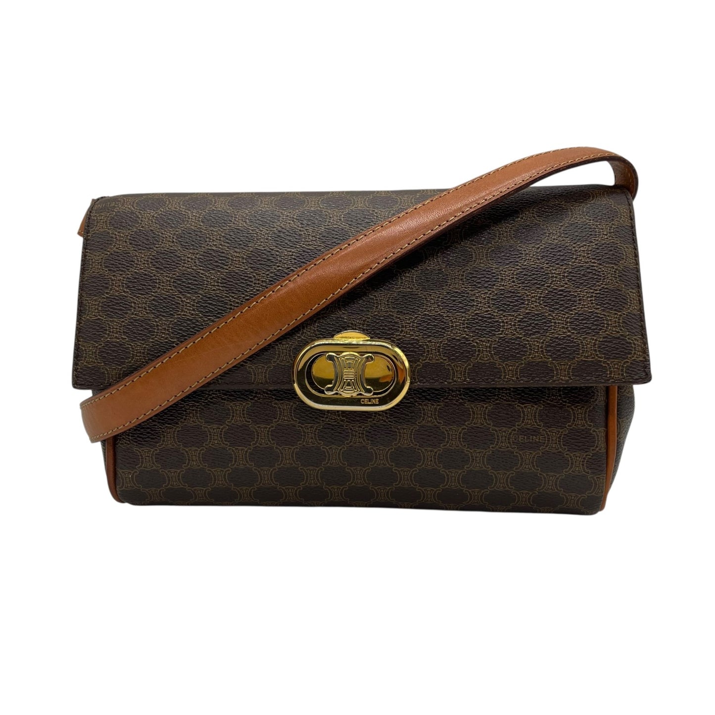 Authentic Old CELINE Macadam Shoulder Bag Brown PVC Leather Logo Vintage Crossbody