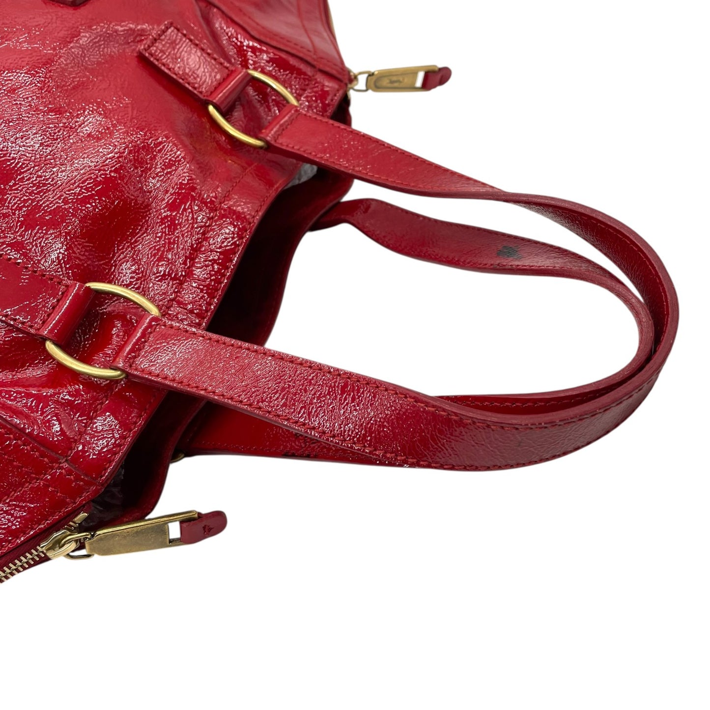 Authentic YVES SAINT LAURENT Downtown Patent Leather Red Enamel Vintage Tote Bag Large Capacity Women