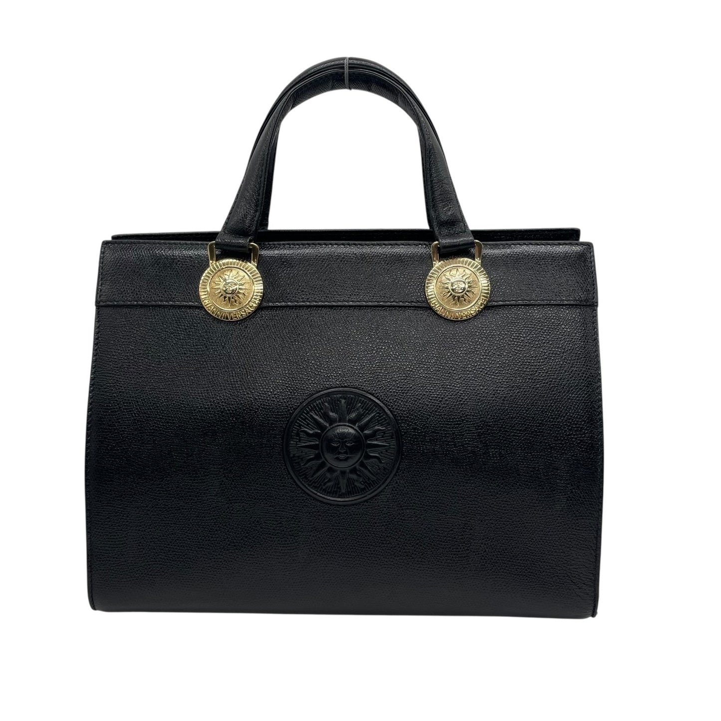Authentic GIANNI VERSACE Black Sunburst Embossed Leather Handbag Gold Hardware Vintage Archive Women