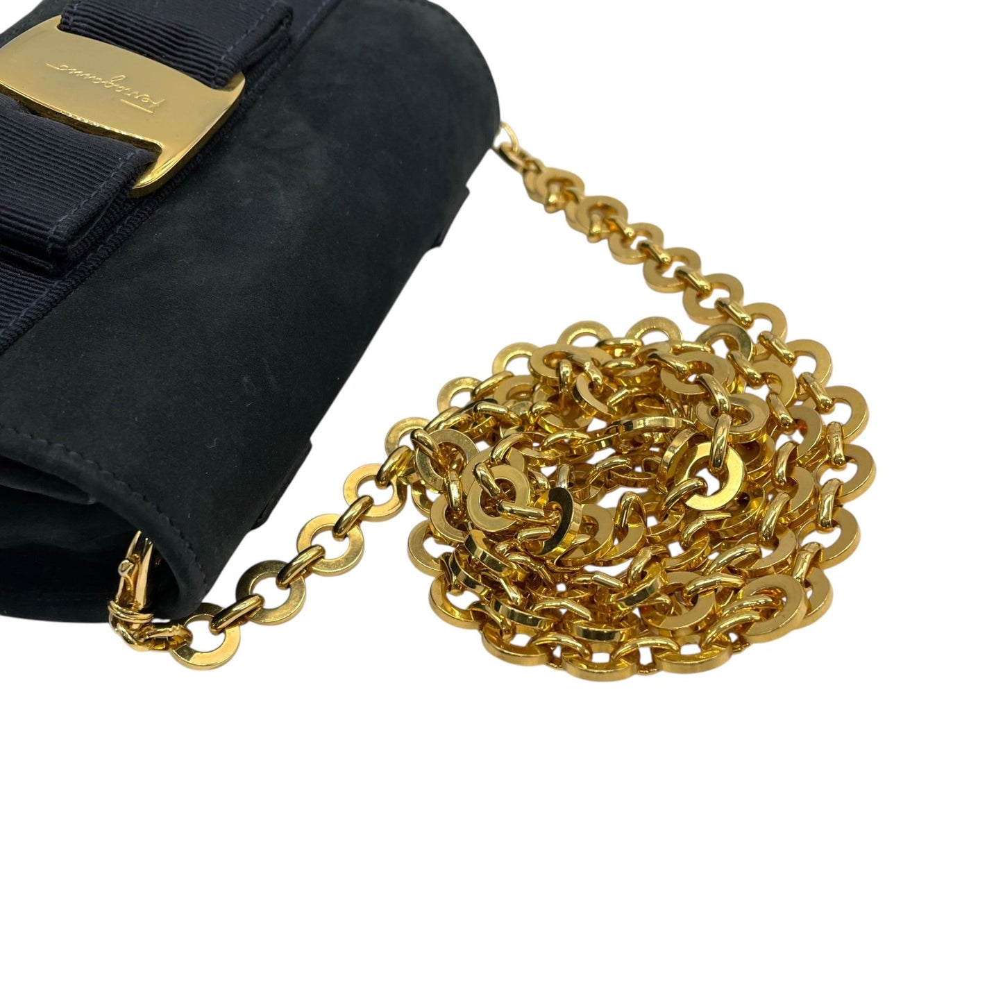Salvatore Ferragamo フェラガモ ヴァラリボン チェーンショルダー ショルダーバッグ ミニバッグ ネイビー スエード ゴールド金具 レディース K10