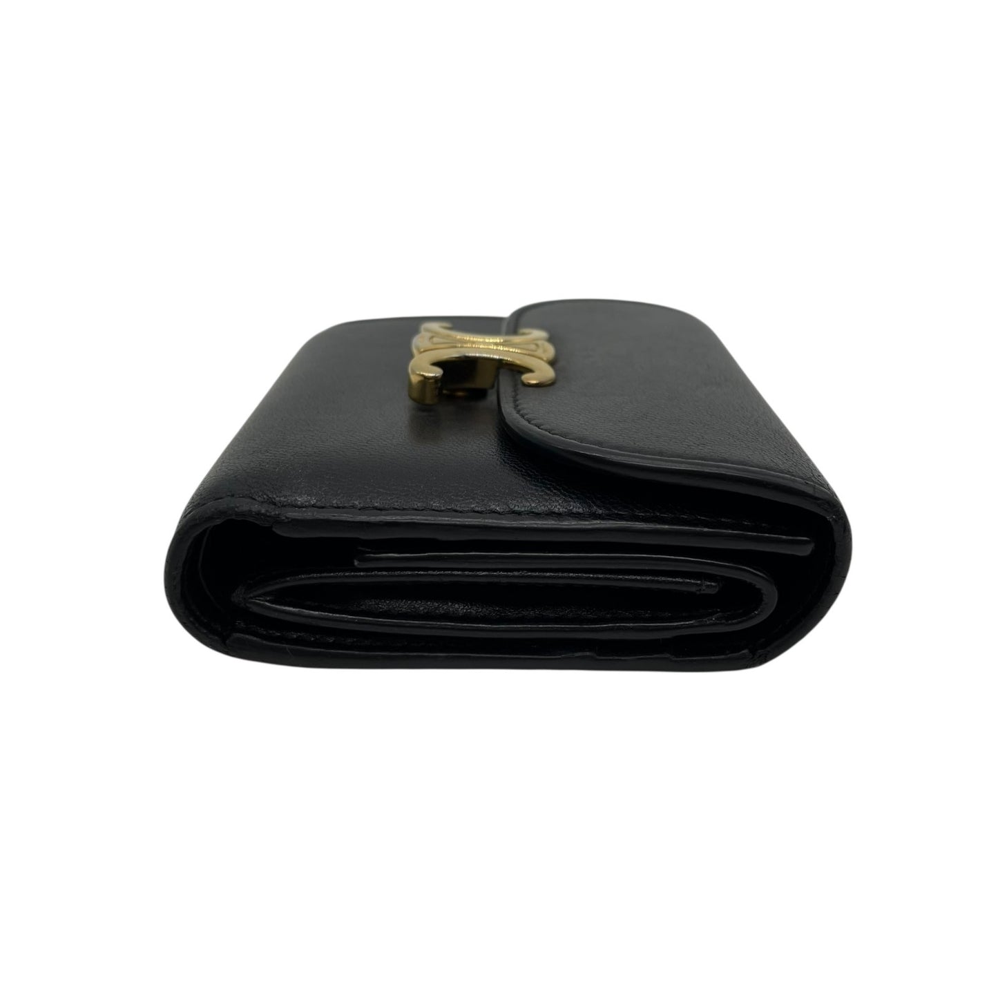 Authentic CELINE Triomphe Compact Wallet Black Leather Gold Hardware with Box