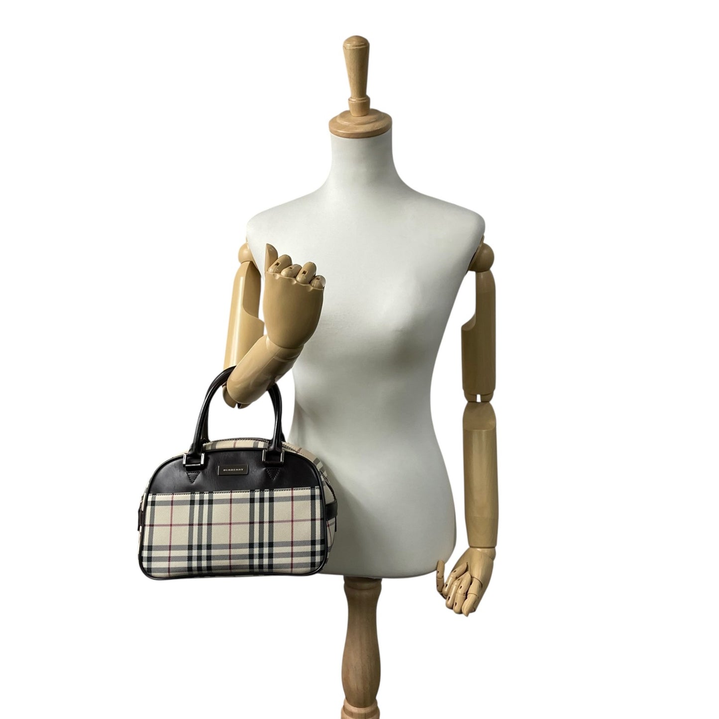 美品 BURBERRY バーバリー ノバチェック柄 ハンドバッグ ミニボストンバッグ ベージュ キャンバス×ブラウンレザー メンズ レディース ボーイズ ガールズ 旅行 ビジネス K10