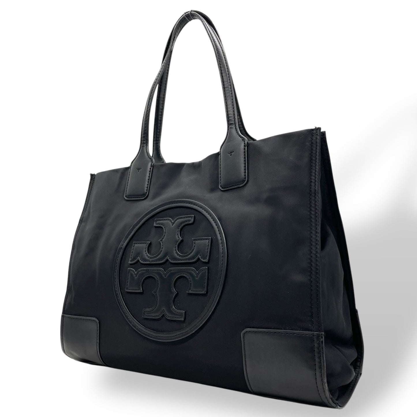 美品 TORY BURCH トリーバーチ エラ トートバッグ ブラック ナイロン レザー ゴールド金具 ロゴ 肩掛け可 レディース U17