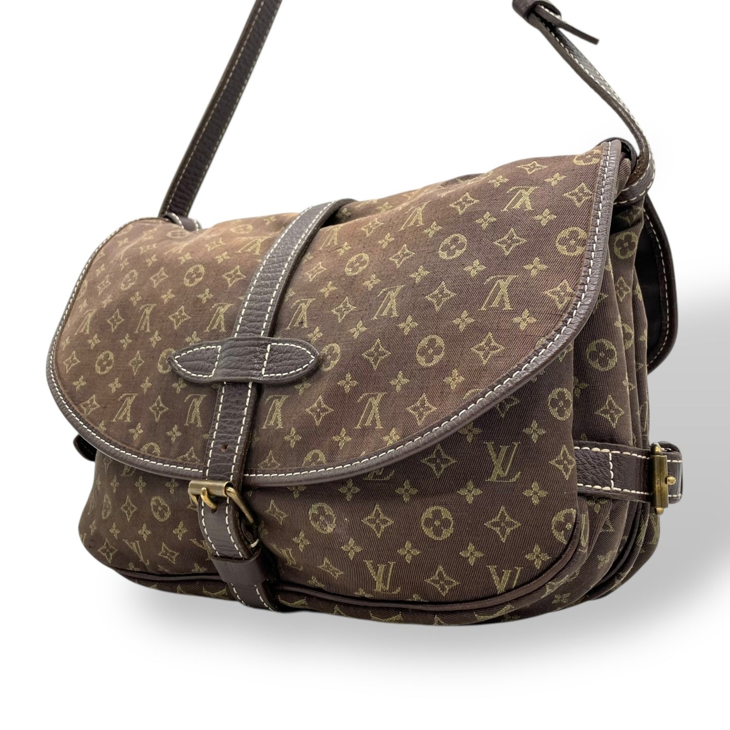 LOUIS VUITTON ルイヴィトン モノグラム ミニラン ソミュール30 ショルダーバッグ メッセンジャー M95227 茶 ブラウン キャンバス レザー ゴールド金具 ダブルフラップ 斜め掛け可 ユニセックス K9