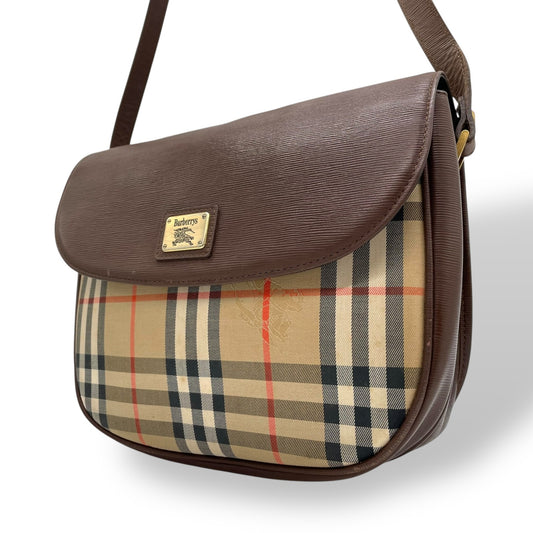 BURBERRY バーバリー ショルダーバッグ ノバチェック シャドーホース ホースロゴ 茶 ブラウン ベージュ キャンバス レザー ゴールド金具 ポシェット 斜め掛け可 ヴィンテージ レディース K13