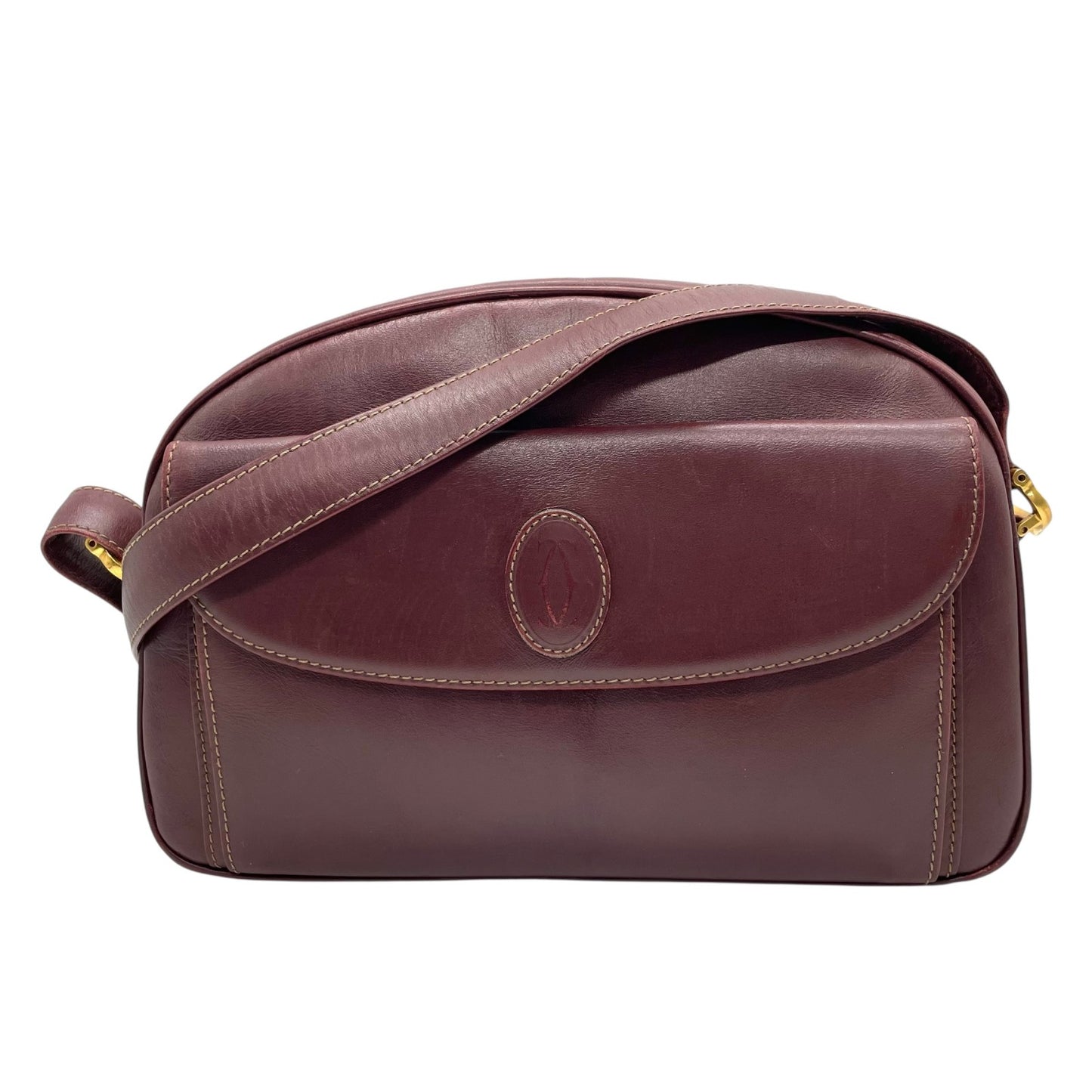 美品 Cartier カルティエ マストライン ショルダーバッグ 赤 ボルドー ワインレッド レザー ゴールド金具 ロゴ 2Cモチーフ カメラバッグ 斜め掛け可 レディース Z1