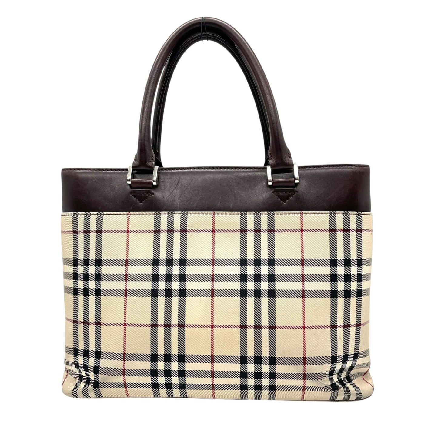 Burberry バーバリー トートバッグ ハンドバッグ ノバチェック キャンバス×レザー メタルロゴプレート ベージュ×ブラウン ユニセックス K8