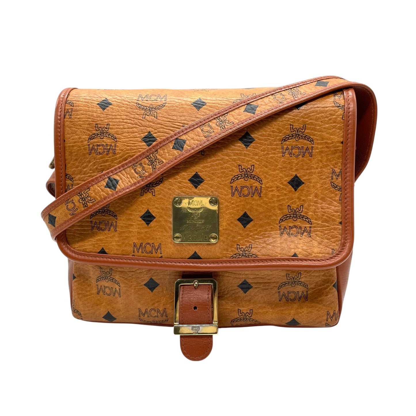 MCM エムシーエム ショルダーバッグ メッセンジャーバッグ ヴィセトス PVC レザー ブラウン 茶色 ゴールド金具 総柄 クロスボディ 斜め掛け ユニセックス K8