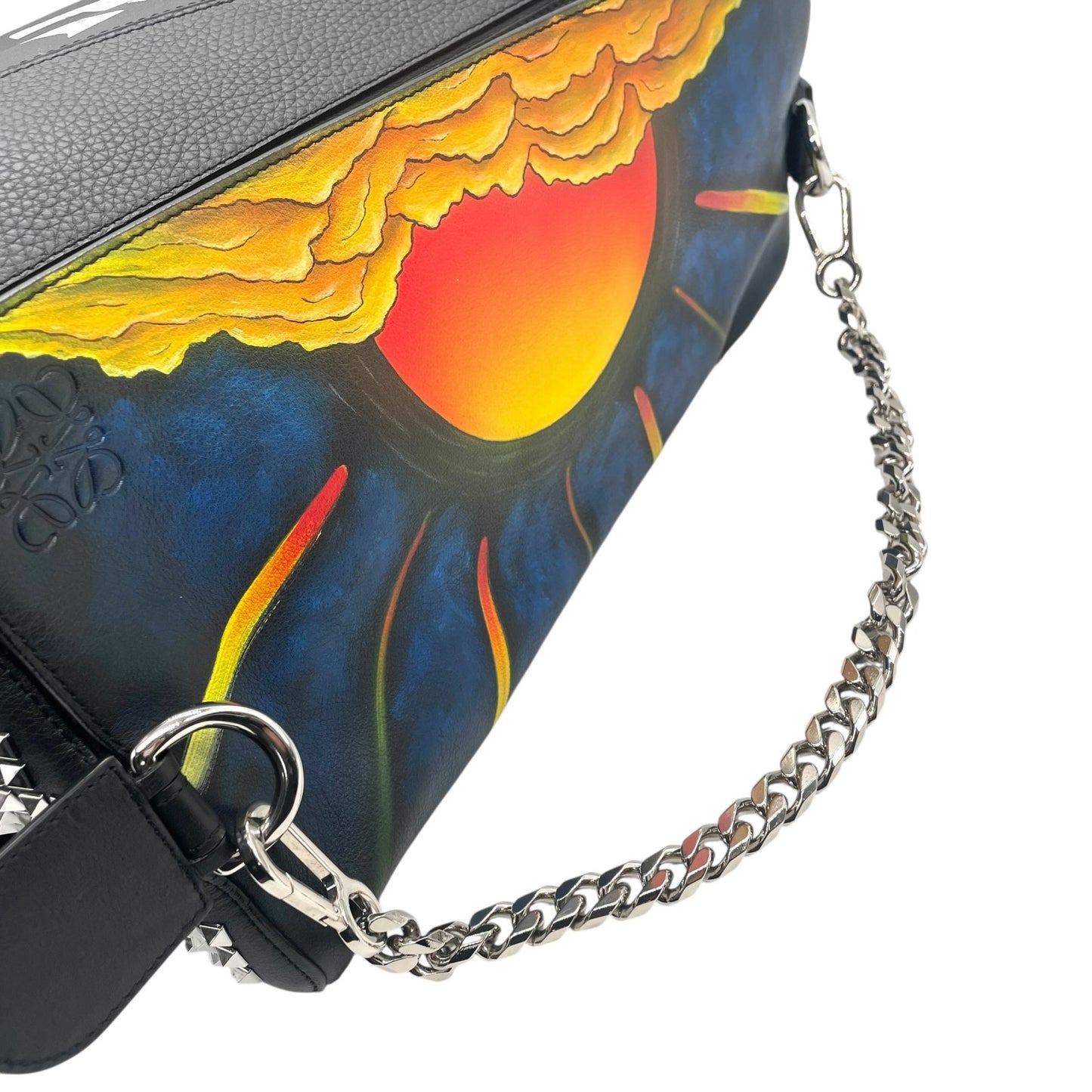 限定品 希少 極美品 LOEWE ロエベ パズルバッグ ラージ ミニボストン スタッズ アナグラム ロゴ チェーン ブラック 黒 マルチカラー メンズ レディース D