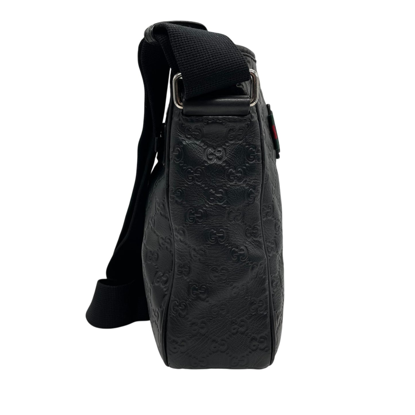 美品 GUCCI グッチ グッチシマ シェリー ロゴ型押し ショルダーバッグ メッセンジャーバッグ レザー 黒 ブラック シルバー金具 322080 斜め掛け可 メンズ レディース E