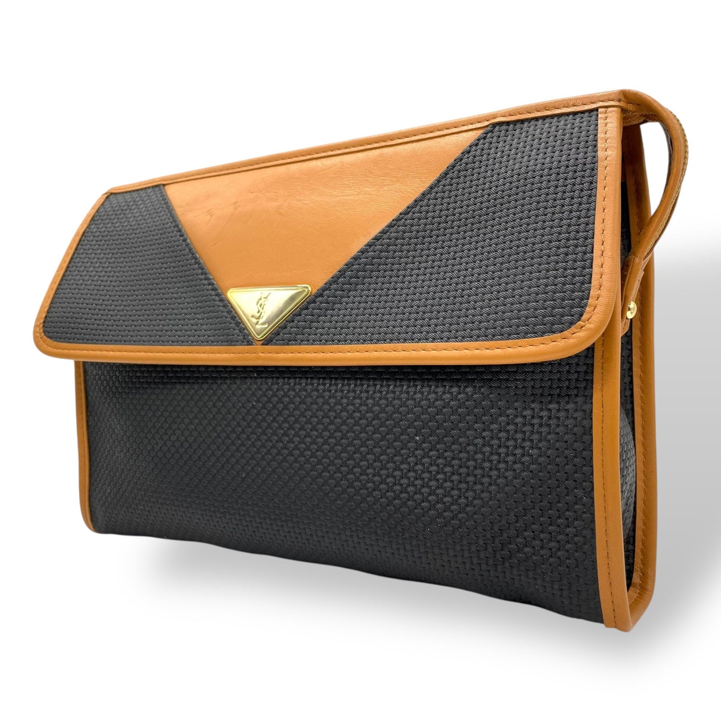 美品 Yves Saint Laurent イヴ サンローラン クラッチバッグ YSLロゴ 紺 ネイビー キャメル ブラウン PVC レザー ゴールド金具 ファスナー開閉 フラップ メンズ レディース ヴィンテージ B3