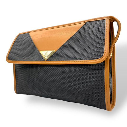 美品 Yves Saint Laurent イヴ サンローラン クラッチバッグ YSLロゴ 紺 ネイビー キャメル ブラウン PVC レザー ゴールド金具 ファスナー開閉 フラップ メンズ レディース ヴィンテージ B3