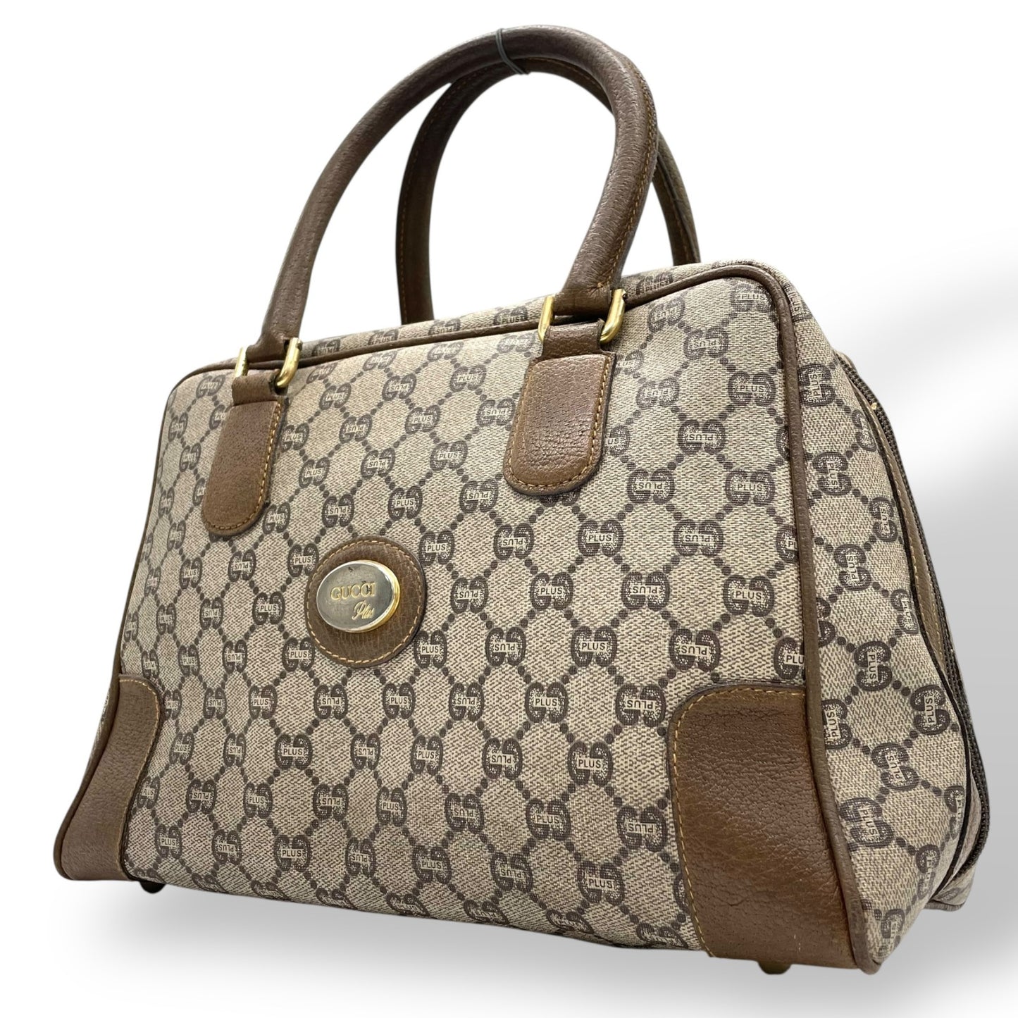 GUCCI グッチ GGプラス グッチプラス ハンドバッグ グレー ベージュ PVC レザー ゴールド金具 オールドグッチ ヴィンテージ レディース A
