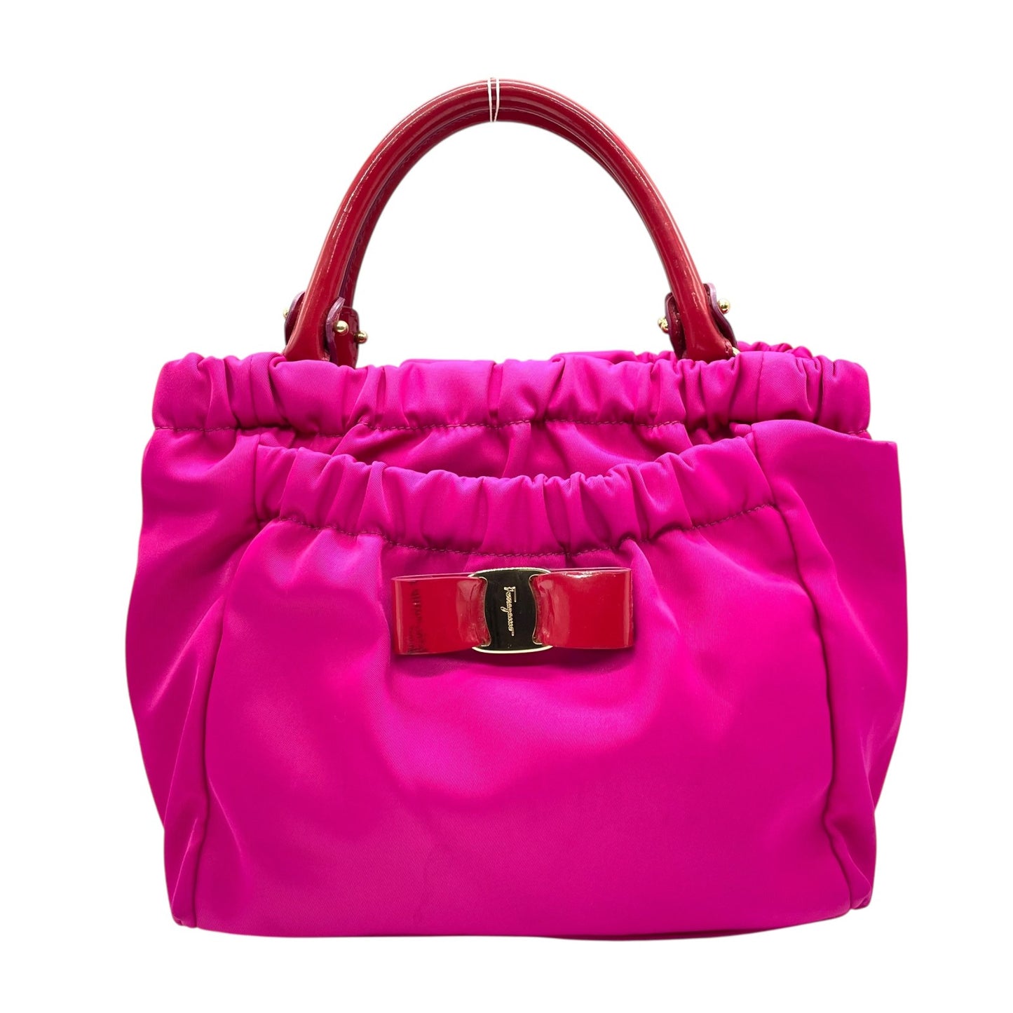 極美品 希少 Salvatore Ferragamo フェラガモ ヴァラリボン 2WAY ショルダー ピンク レッド ナイロン パテント ハンドバッグ クロスボディ ゴールド金具 レディース K1