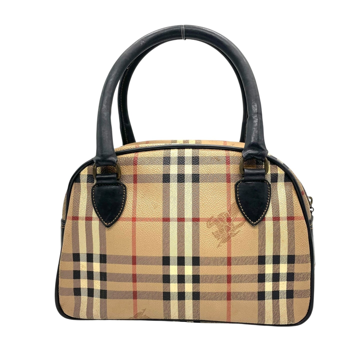 BURBERRY バーバリー ミニボストンバッグ ハンドバッグ ノバチェック シャドーホース シェルター ベージュ 黒 ブラック ゴールド金具 PVC レザー ファスナー開閉 手提げ ヴィンテージ レディース K6