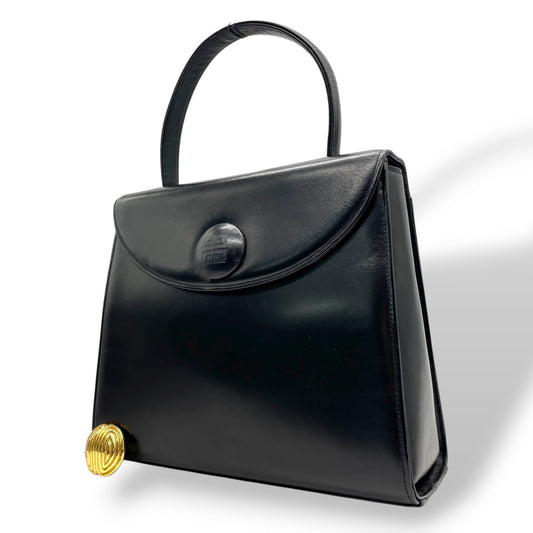 美品 ジバンシィ GIVENCHY ハンドバッグ レザー 黒 ブラック 金金具 ゴールド金具 フォーマル ヴィンテージ ロゴボタン フォーマル A8