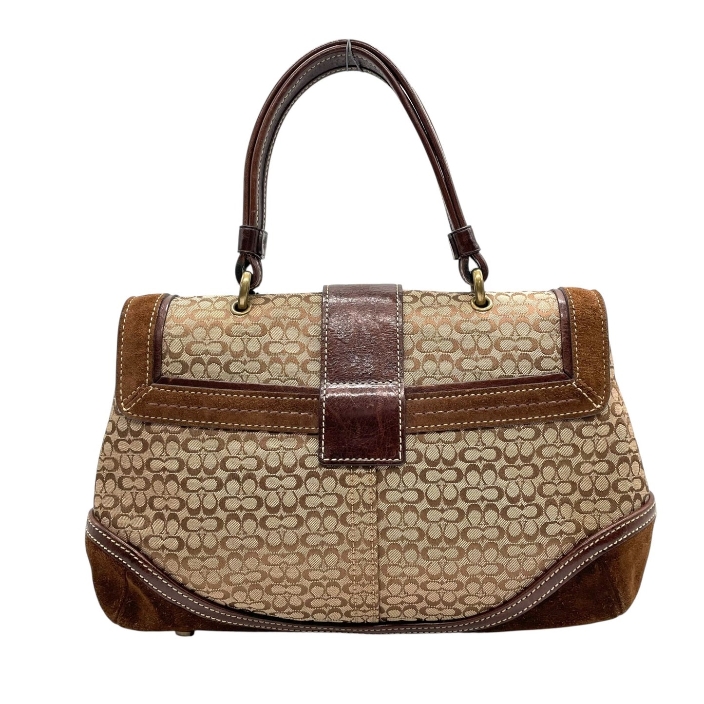 コーチ COACH シグネチャー スエード レザー ハンドバッグ 7078 茶色 ブラウン ゴールド金具 金金具 チャーム付き E10