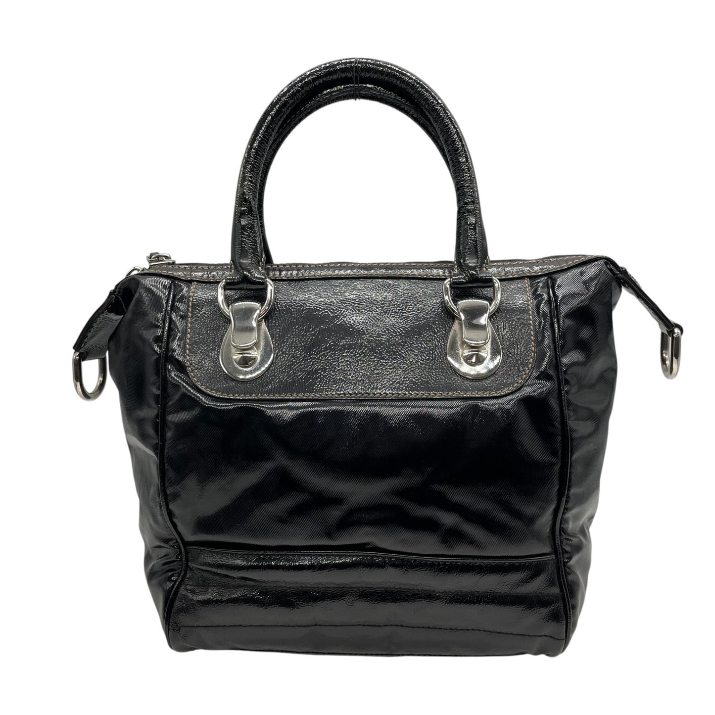 美品 グッチ GUCCI ハンドバッグ ショルダーバッグ ブラック 黒 2way パテントレザー インターロッキングG GGロゴ 手提げ 斜め掛け可 シルバー金具 レディース B2