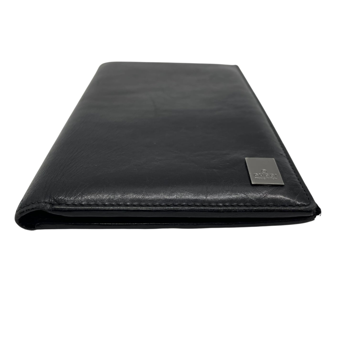 グッチ GUCCI 二つ折り 長財布 札入れ 黒 ブラック レザー シルバー金具 ロゴプレート メンズ 小銭入れなし M5