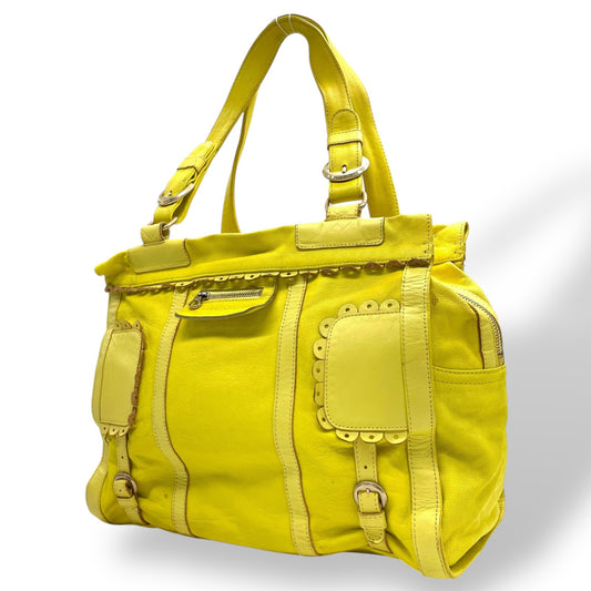 シーバイクロエ SEE BY CHLOE ハンドバッグ トートバッグ 黄色 レモンイエロー レザー ゴールド金具 ロゴ ベルト フリル ファスナー開閉 肩掛け可 レディース U12