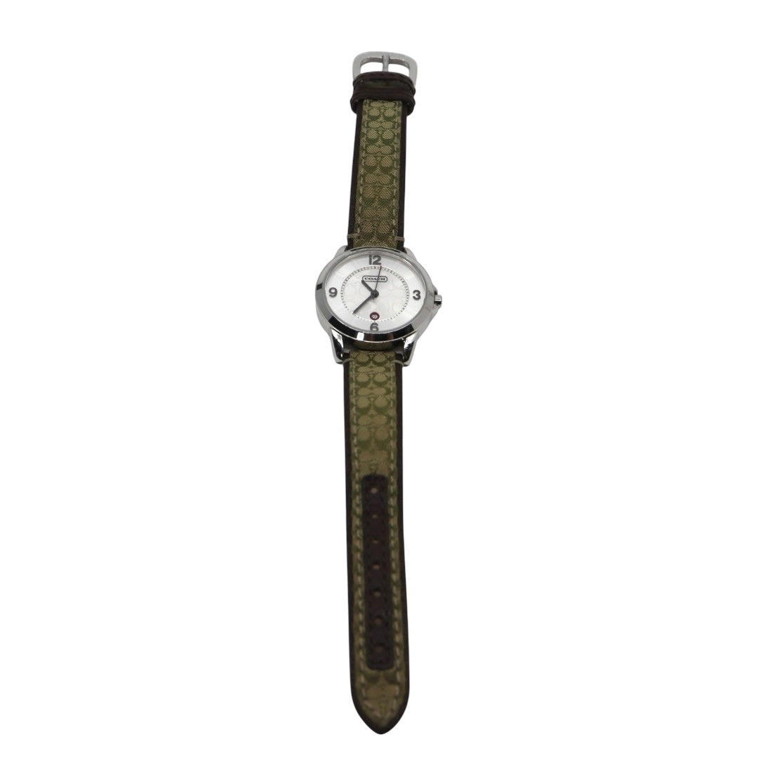 【電池交換済／クリーニング済】コーチ COACH 腕時計 8.180.158 レディースウォッチ クォーツ シルバー文字盤 シグネチャー キャンバスベルト グリーン系 デイトカレンダー アナログ クラシック カジュアル 稼働品 G3