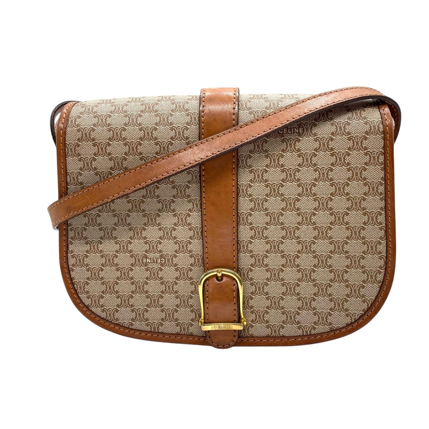 美品 CELINE オールドセリーヌ マカダム柄 トリオンフ ショルダーバッグ PVC レザー ベージュ ブラウン ゴールド金具 斜め掛け可 フラップ開閉 ヴィンテージ レディース K11