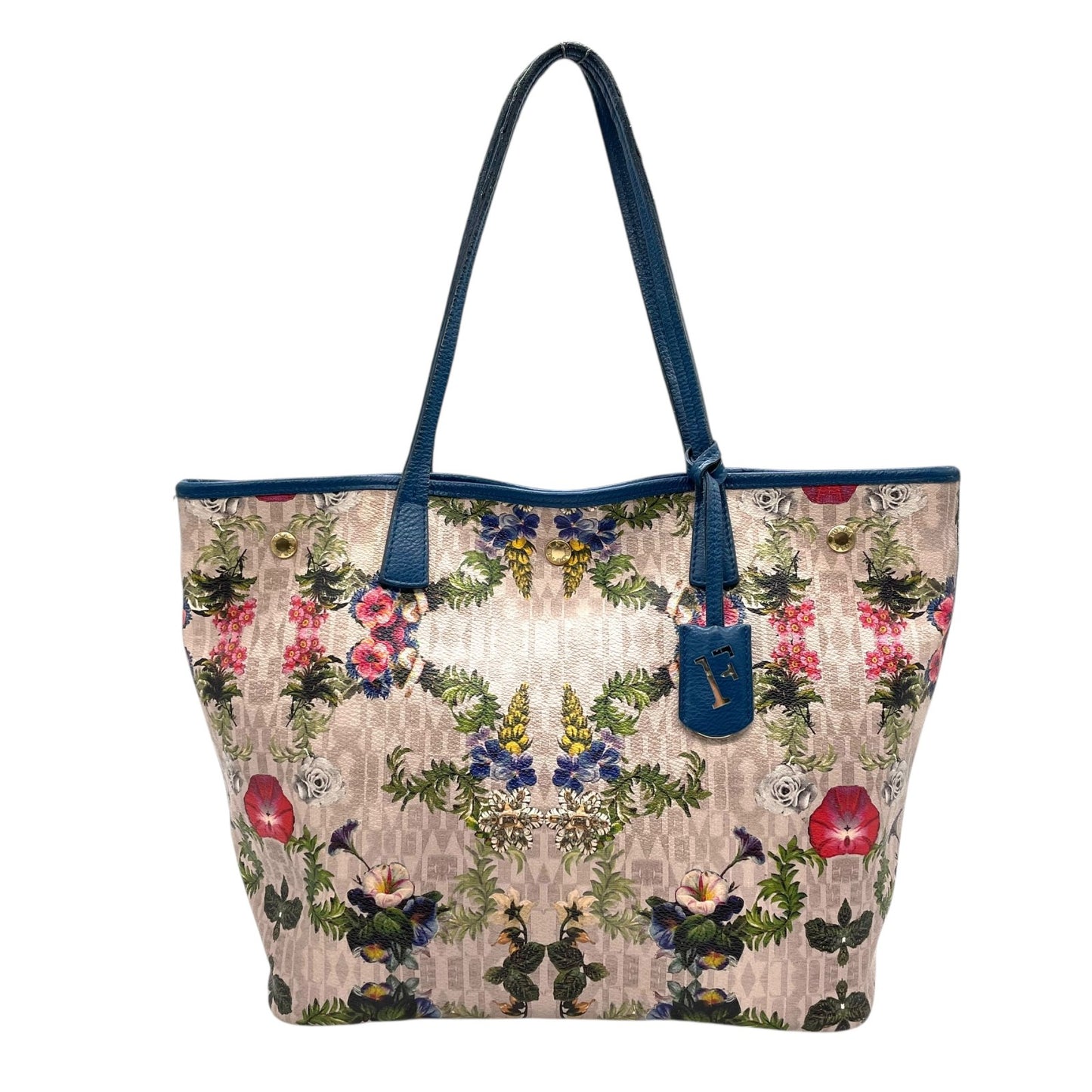 FURLA フルラ トートバッグ PVC レザー マルチカラー ゴールド金具 花柄 ボタニカル 総柄 肩掛け可 ロゴ レディース U13