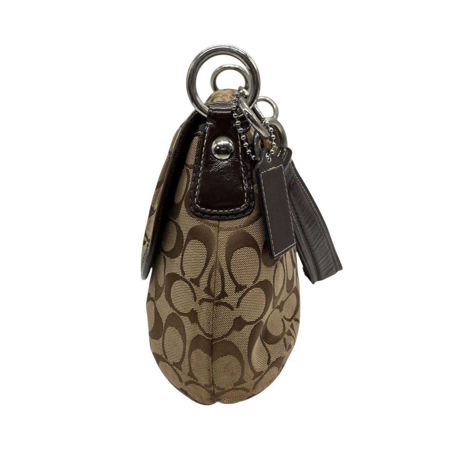 COACH コーチ ソーホー シグネチャー ワンショルダーバッグ 茶 ブラウン ベージュ キャンバス パテントレザー シルバー金具 フラップ ベルト ホーボー 肩掛け可 レディース S6