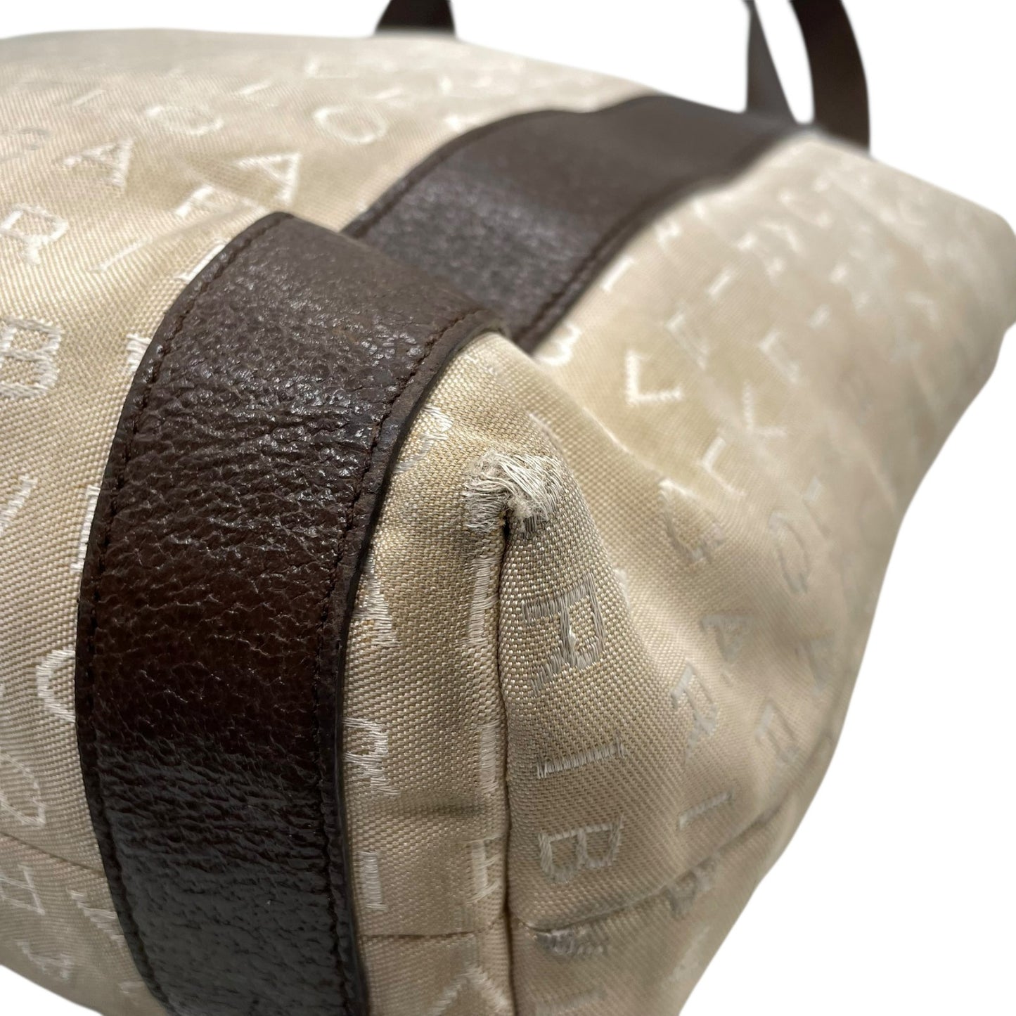 ブルガリ BVLGARI トートバッグ ハンドバッグ 肩掛け ロゴマニア ベージュ ブラウン 茶色 キャンバス レザー A40収納可 S80