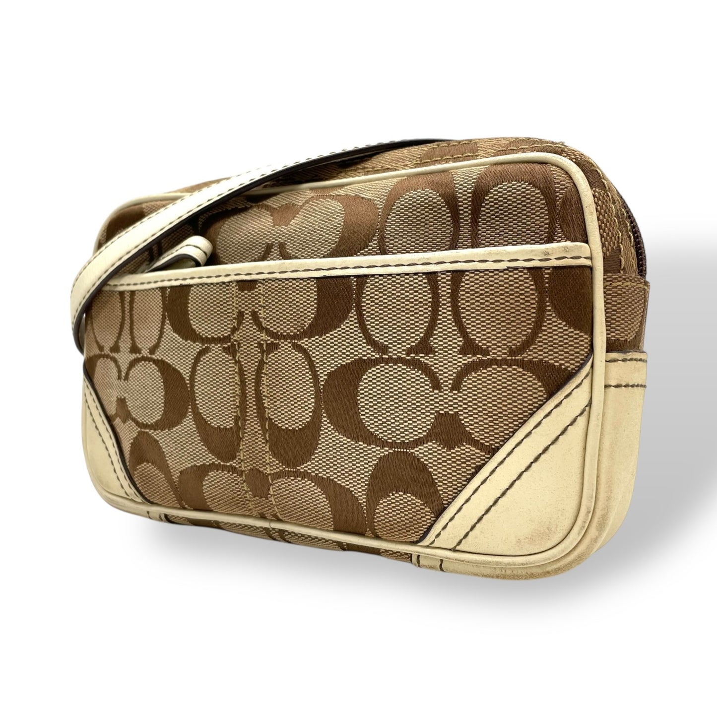 コーチ COACH ポシェット ショルダーバッグ ウエストバッグ シグネチャー柄 ベージュ 白 ホワイト レザー キャンバス ミニバッグ U8