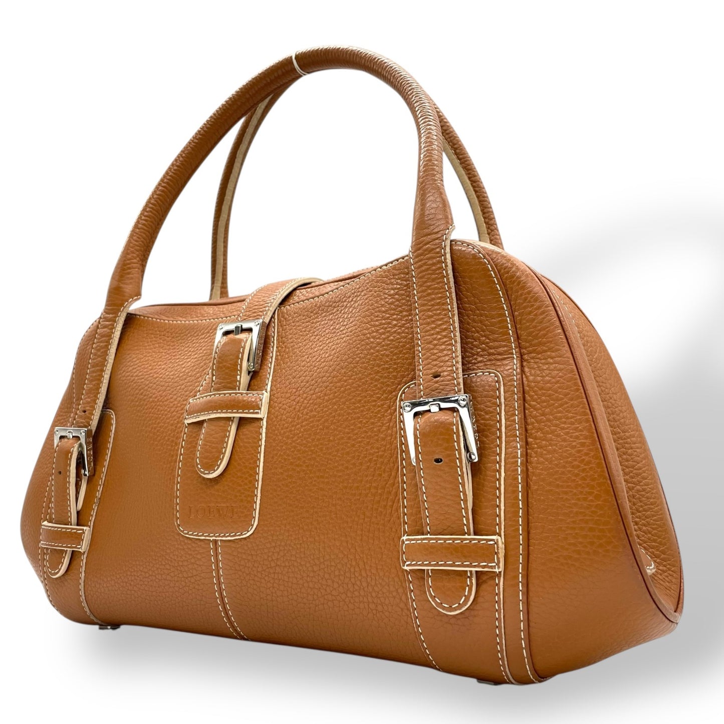 美品 ロエベ LOEWE センダ ハンドバッグ キャメルブラウン 茶 レザー シルバー金具 ファスナー開閉 ロゴ型押し レディース A