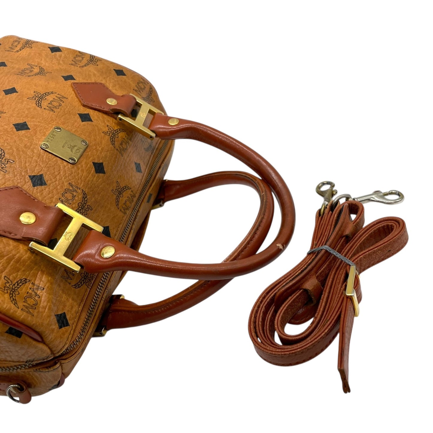 MCM エムシーエム ヴィセトス ボストンバッグ ミニボストン ハンドバッグ ショルダー付き ブラウン 茶色 レザー 2WAY ゴールド金具 ヴィンテージ D1