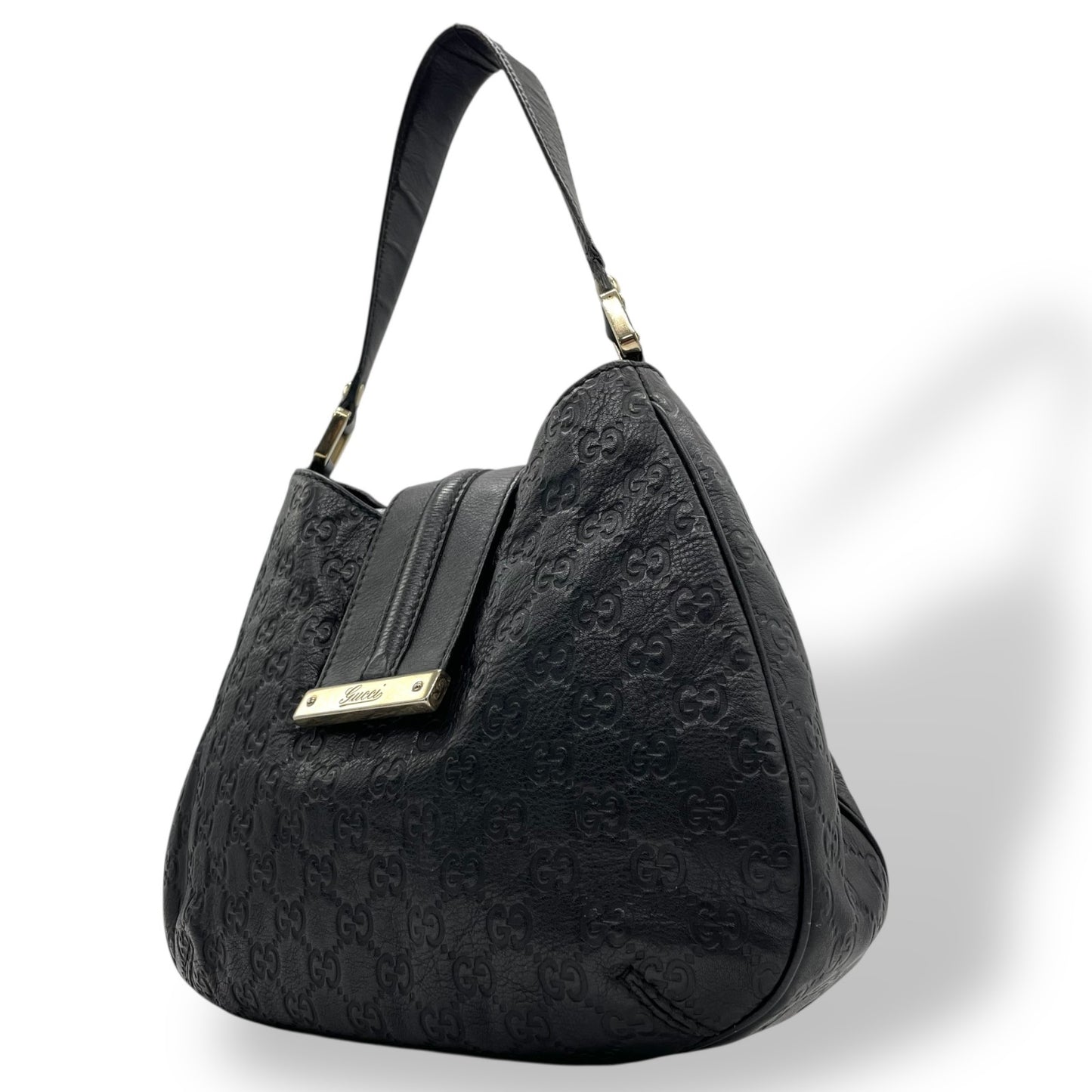 美品 グッチ GUCCI GG柄 グッチシマ レザー ホーボーバッグ ワンショルダー黒 ブラック ショルダーバッグ ロゴプレート ゴールド金具 ヴィンテージ レディース Z1