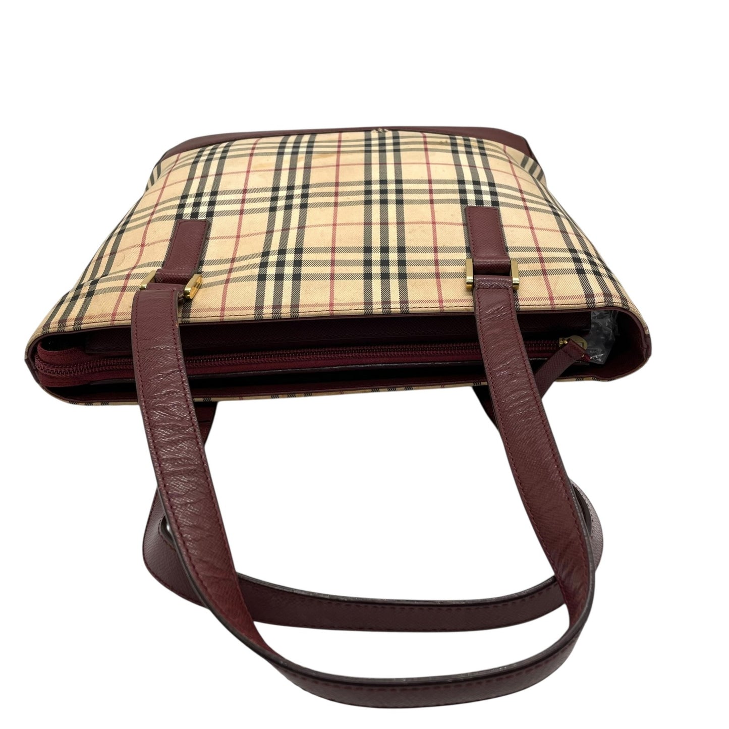 バーバリー BURBERRY ノバチェック ハンドバッグ トートバッグ ベージュ 赤 ボルドー チェック柄 キャンバス レザー ゴールド金具 ロゴ型押し ファスナー開閉 レディース D5